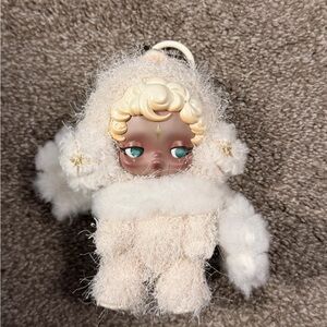 Plush Cream Fuzzy Doll Keychain with Teal Eyes